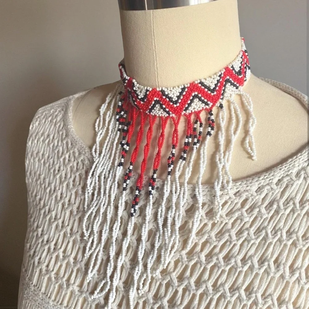 Handcrafted Beaded Choker Necklace - Red, Black, and Cream - Picture 2 of 6